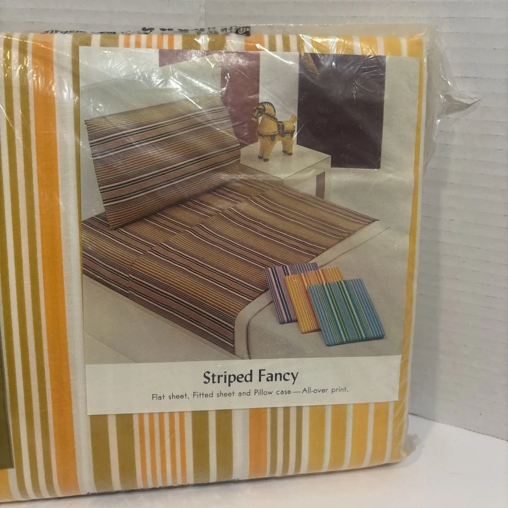 NOS Vintage Stevens Utica Queen Flat Sheet Orange Striped Fancy 1970s No Iron